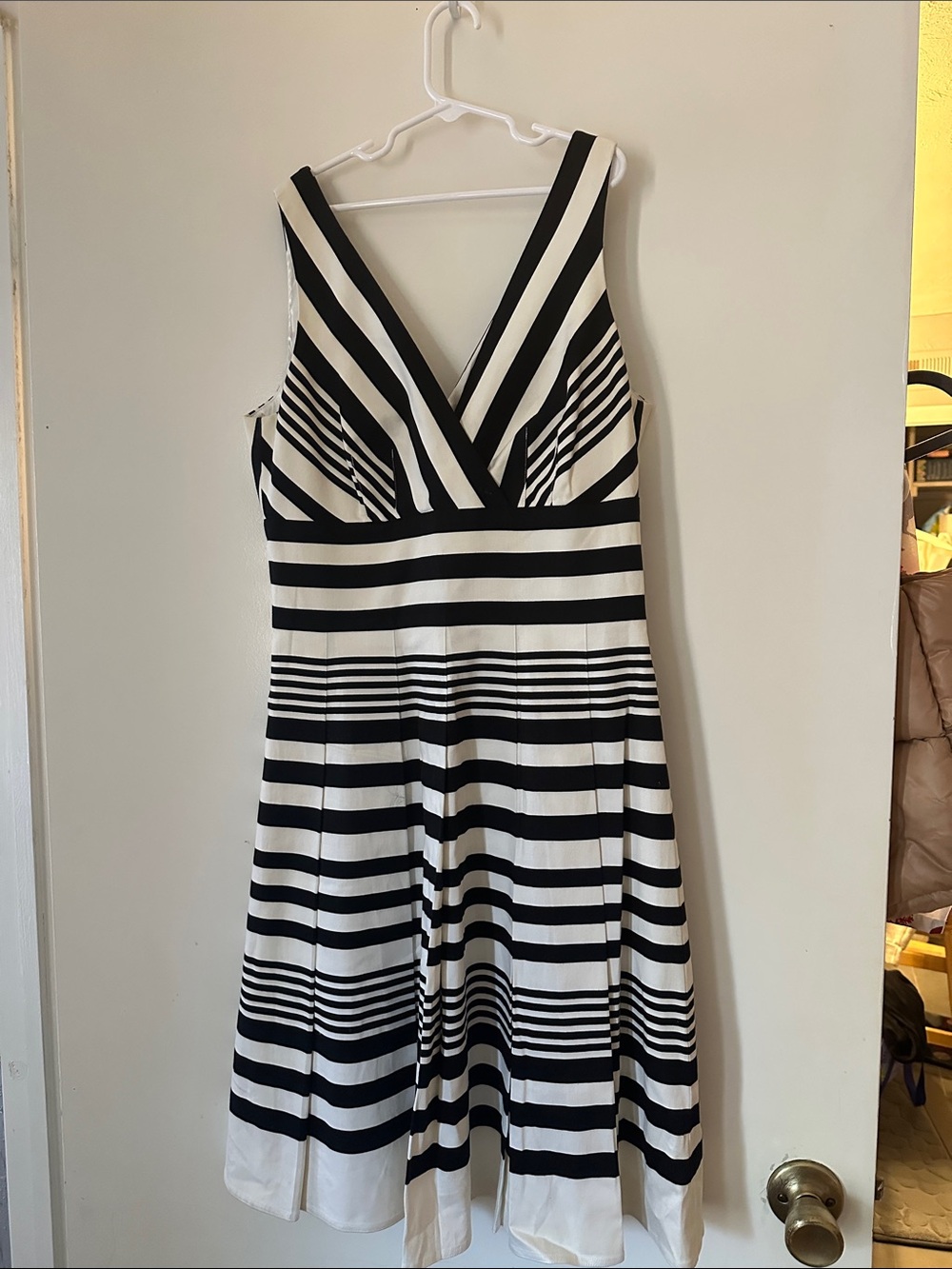 White House Black Market Black & White Striped V-Neck Midi Dress